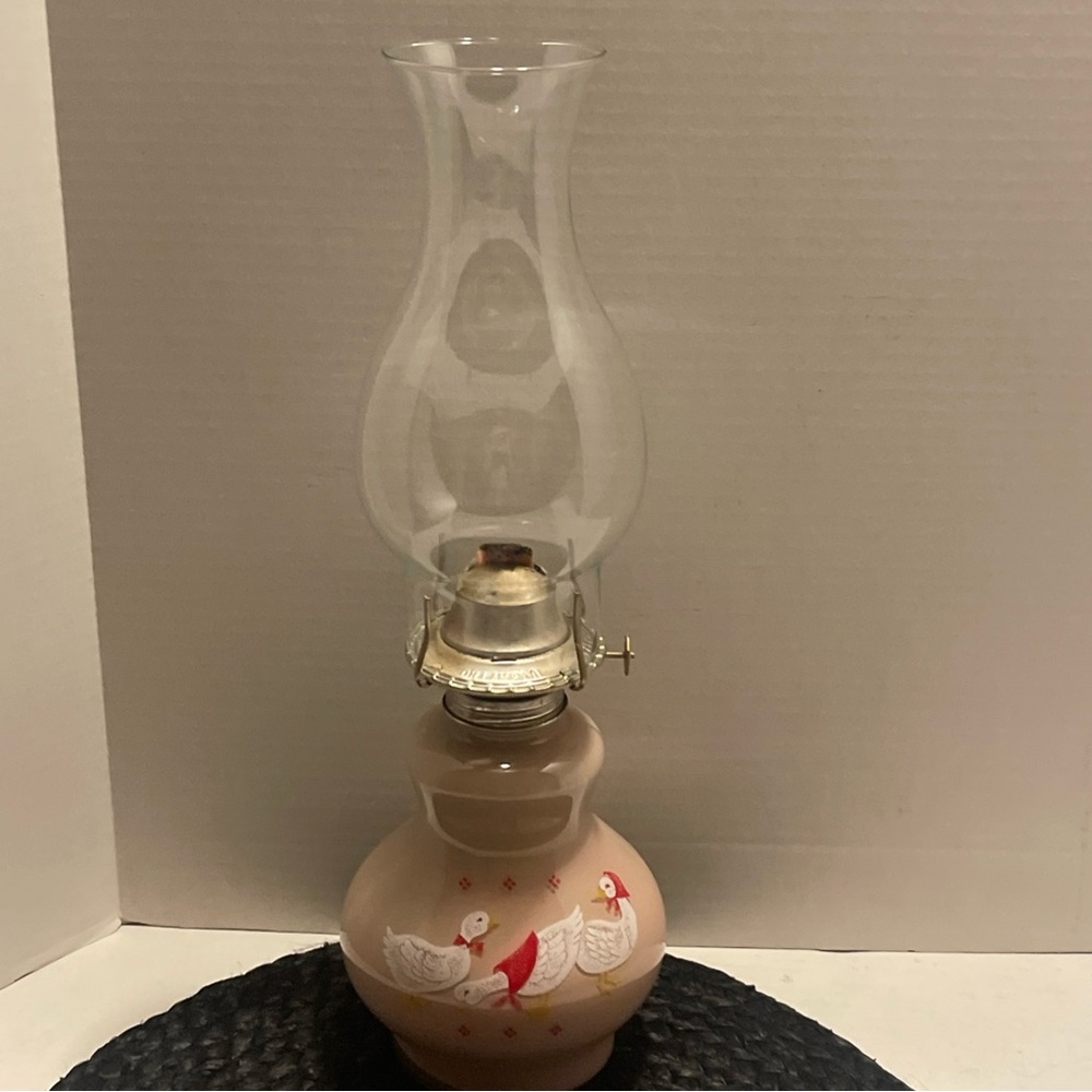 Vintage Kaaden pink glass Oil Lamp with White Duck/Geeze Motif